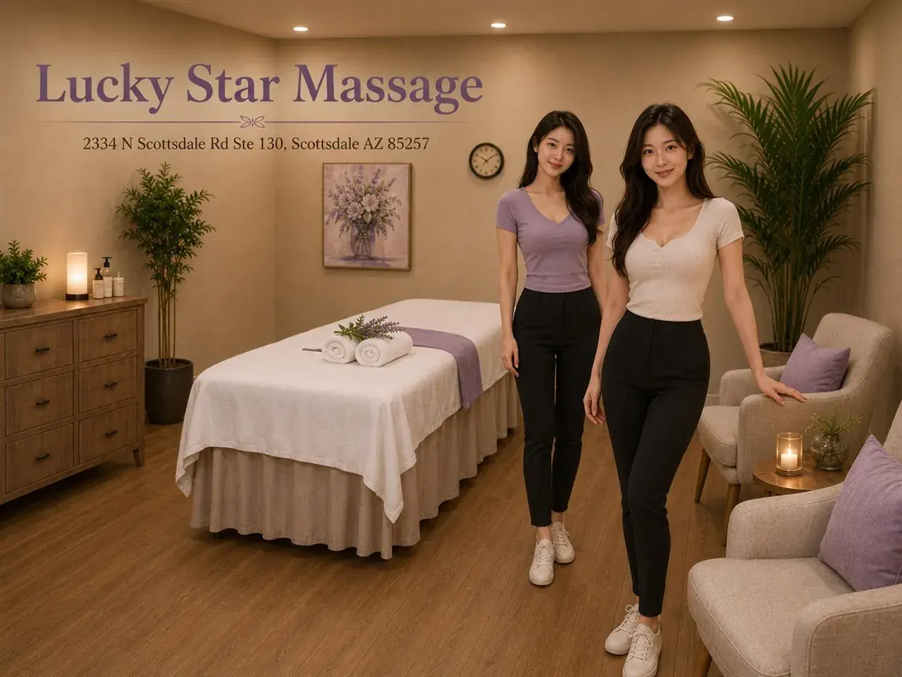 Two friendly massage therapists welcoming a guest at Lucky Star Massage in Scottsdale AZ