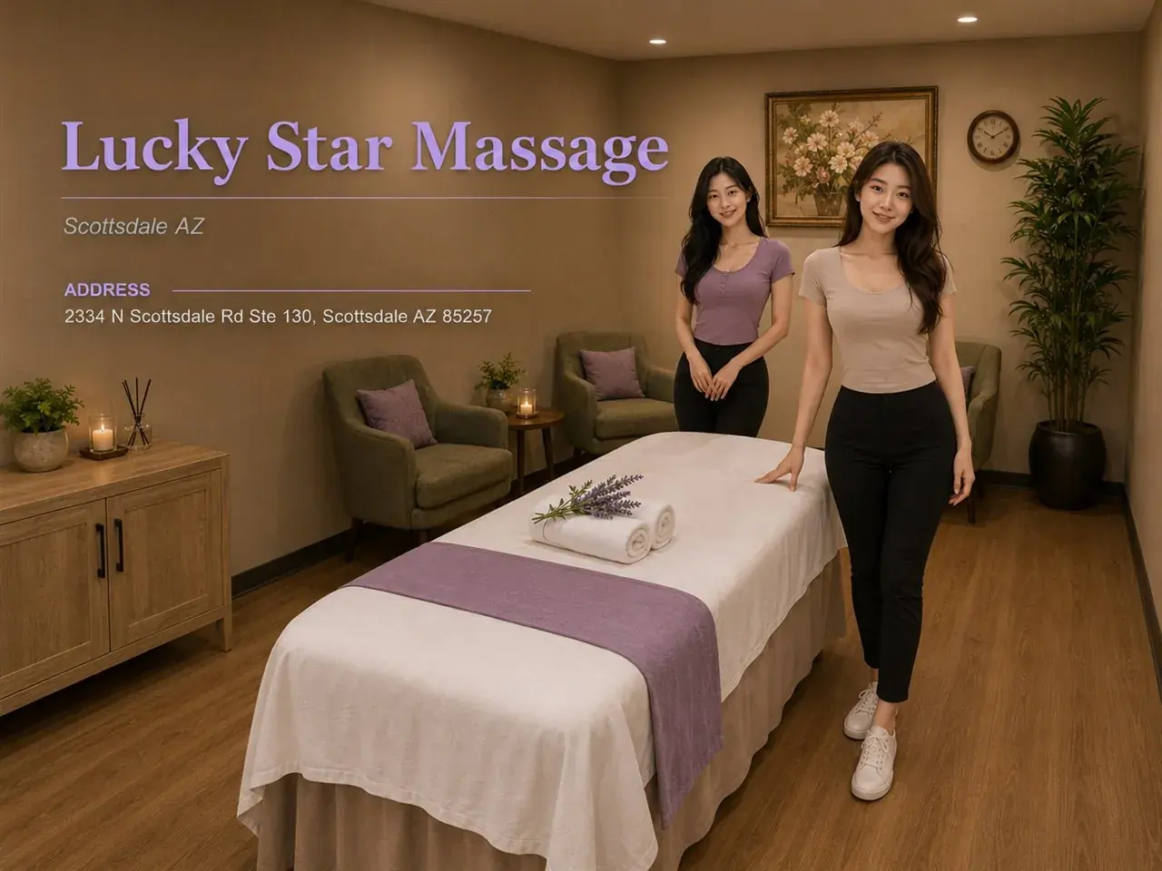 Friendly massage therapists in a clean treatment room at Lucky Star Massage in Scottsdale AZ