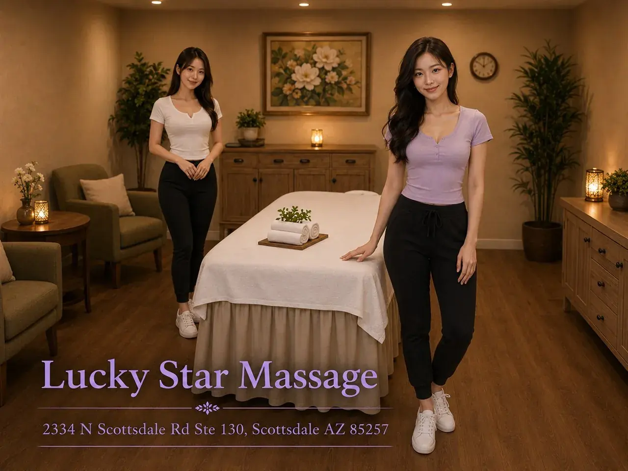 Welcoming massage therapists beside a clean table at Lucky Star Massage in Scottsdale AZ