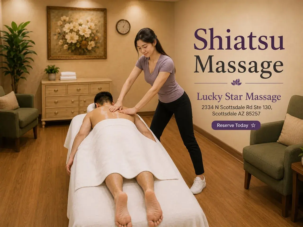 Shiatsu massage applying steady finger pressure along the back at Lucky Star Massage in Scottsdale AZ