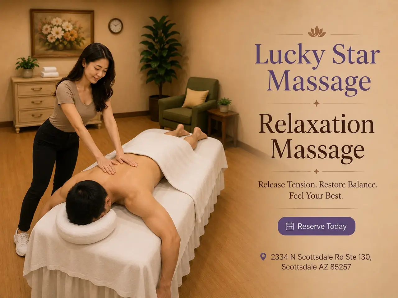 Stress relief massage easing the neck and shoulders at Lucky Star Massage in Scottsdale AZ