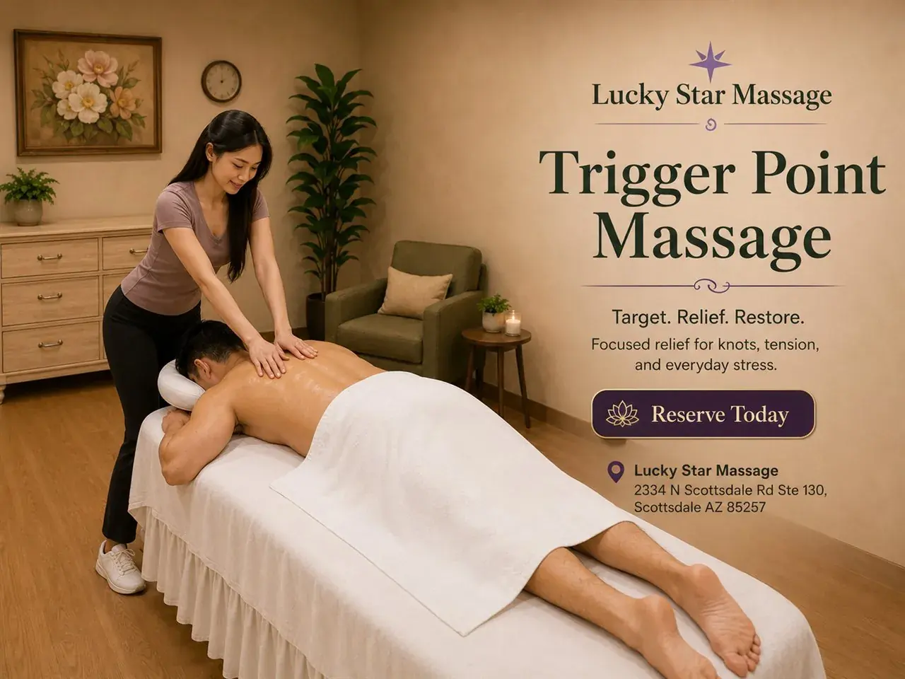 Trigger point massage pressing into a tight knot in the back at Lucky Star Massage in Scottsdale AZ